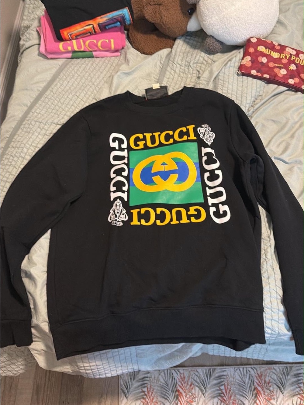 Gucci Black Crewneck with Yellow, Green and Blue Logo